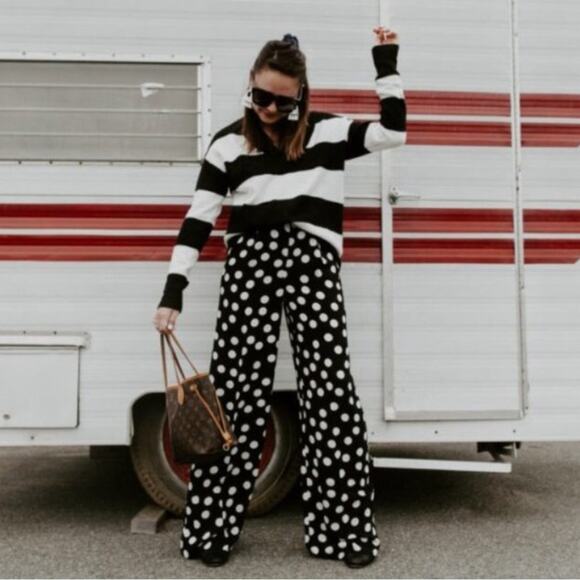 Halogen x Atlantic-Pacific Wide Leg Black Polka Dot Paper Bag Pants High Rise 2 - Picture 2 of 8